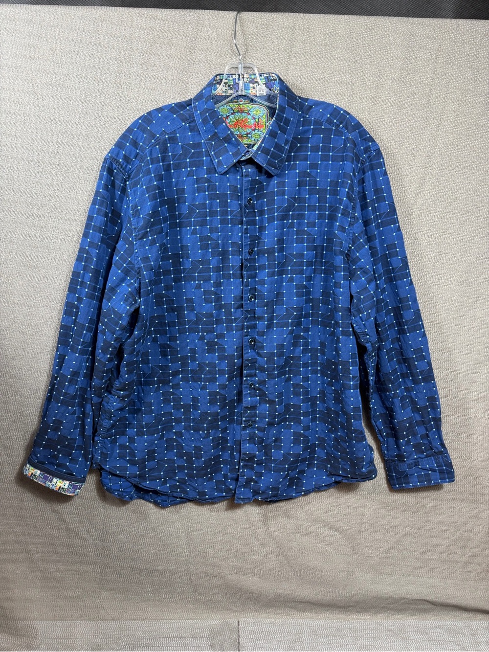 Robert Graham Flip Cuff Shirt Mens Large Blue Geometric Print 100% Cotton